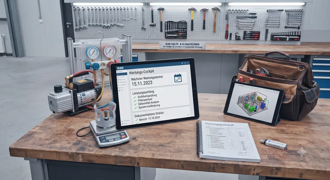 Techniker mit Checkliste vor einer Kälteanlage
