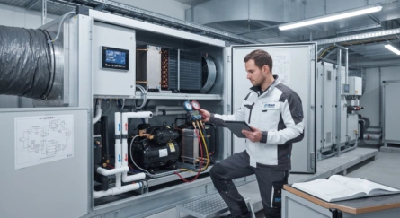 Blick in eine raumlufttechnische Anlage mit Kühlregister