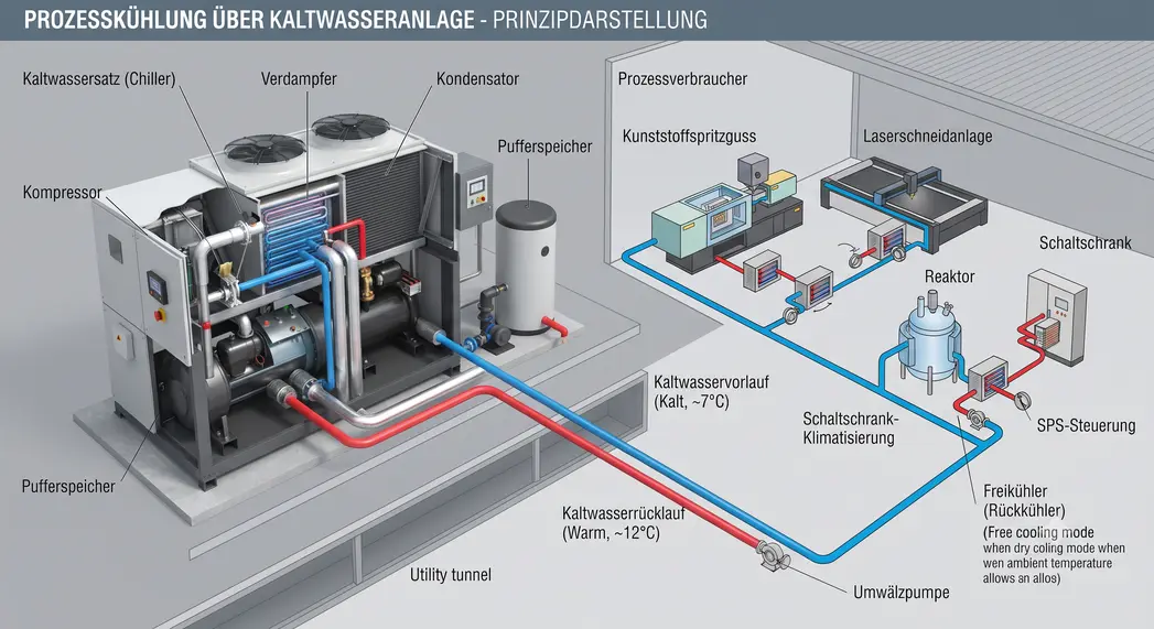 Industrieller Kaltwassersatz mit Rohrleitungen